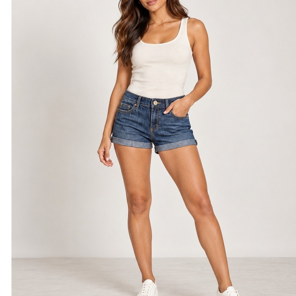 BCBGMAXAZRIA Denim Shorts Womens 26 Blue Excellent Cuffed Dark Wash Low Rise Y2K